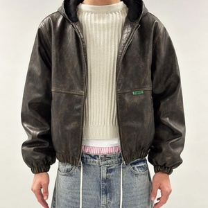 Clothing Custom Vintage Pu Leather <b>Jackets</b> Hoodies for <b>Men</b> Street Wear Heavyweight Oversize Zipper Leather Hoodie Manufacturer - Product Image 1