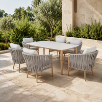 Ensemble de table et chaises de jardin en corde tressée, table de patio moderne avec sièges rembourrés, mobilier de jardin, ensemble de 7 pièces