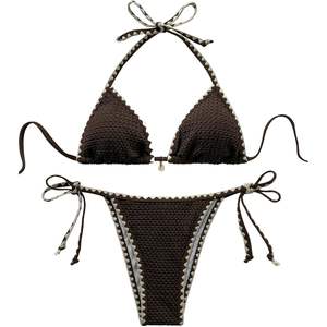 Ensemble de bikini halter personnalisé pour femme, maillot de bain deux pièces texturé à coupe haute et triangle, en Spandex et Nylon extensibles - Product Image 3