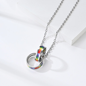 Unisex Double <b>Ring</b> Rainbow Flag <b>Necklace</b> Stainless Steel Pendant Gift Jewelry - Product Image 1