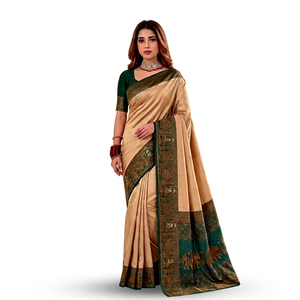 Elegante Saree de Seda Beige Verde con Estampado Tradicional, Largo hasta el Suelo, Protección Solar, para Bodas, para Mujeres, India, Pakistán, Moda AARA - Product Image 1