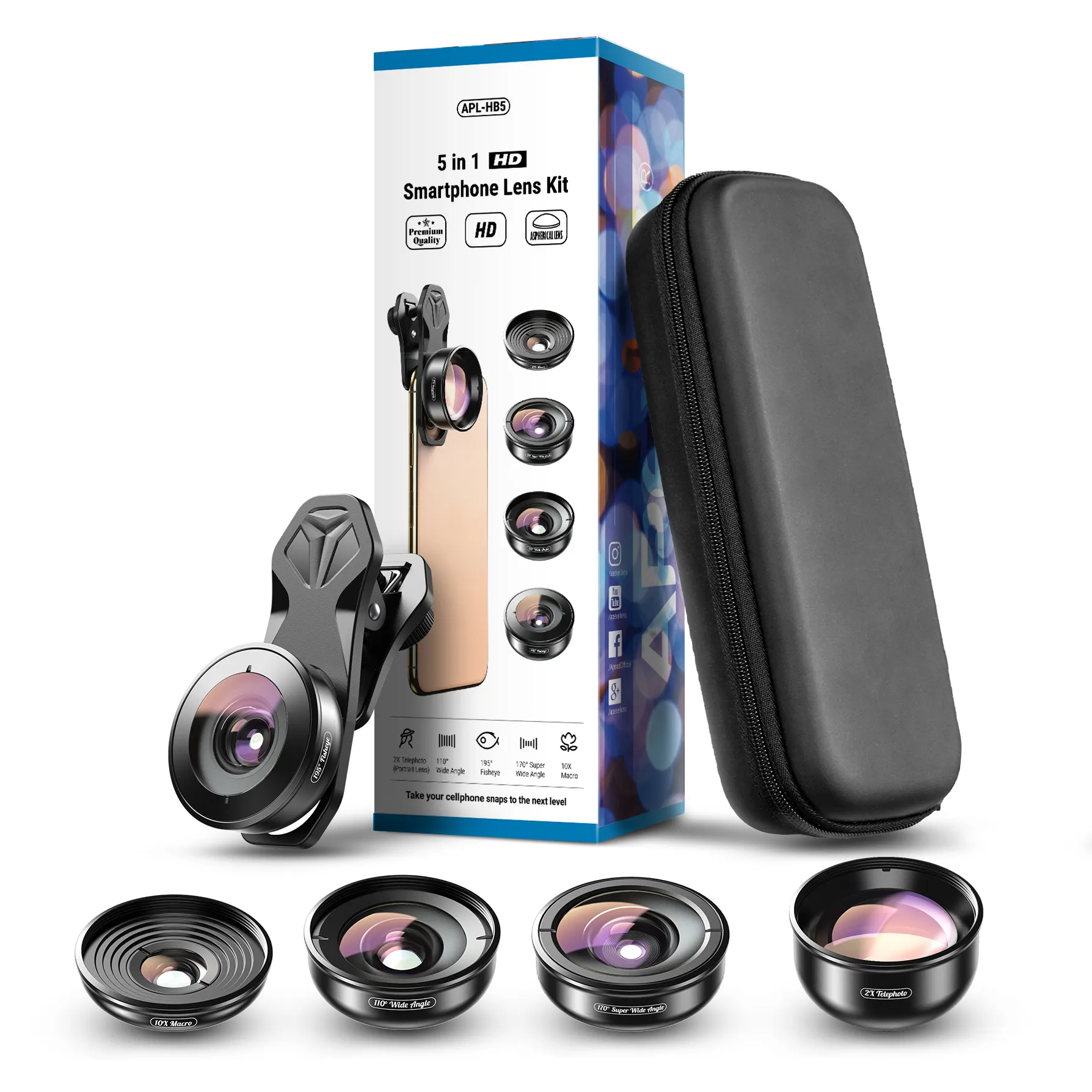 Objectif pour téléphone portable 5 en 1, caméra, fisheye, téléobjectif grand angle, macro, lentille pour téléphone portable, nouvelle collection