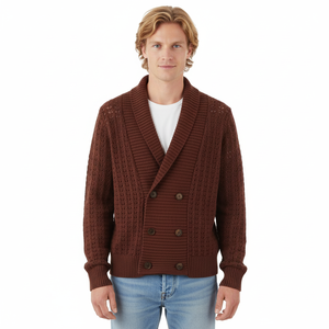 Cardigan en tricot personnalisé pour homme à manches longues, col rabattu, ajouré, double boutonnage - Product Image 1