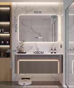 Minimalist Luxury Solid Wood Lacquer Wall Hung Water Resistant Bathroom Vanity Unit with Smart Honeycomb <b>Mirror</b> and Basin - Product Image 2