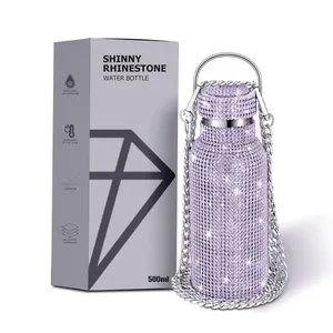 Women Portable Handle Rhinestone 500ml Power Coated Stainless Steel Water Bottle Diamond Water Bottle