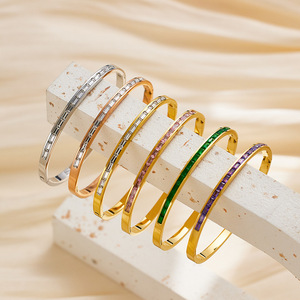 Simple Design Multi-Color Channel Setting Square Cubic Zirconia Classic Simple Stainless Steel <b>Bangles</b> <b>Bracelet</b> for Women - Product Image 4