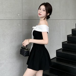 Off-Shoulder Dress Black White Contrast Color Bow Tie A-Line Casual Daily Wear - Product Image 4