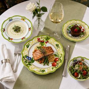 Service de table 24 pièces en porcelaine New Bone China In-glaze, motif Jardin et <span class=keywords><strong>Verger</strong></span>, bord festonné vert, assiettes et bols à motif de fruits pour 6 personnes - Product Image 1