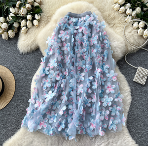 <span class=keywords><strong>Jupe</strong></span> midi évasée bohème pour <span class=keywords><strong>femme</strong></span>, <span class=keywords><strong>bleu</strong></span>-gris, avec broderie florale 3D en <span class=keywords><strong>tulle</strong></span>, taille haute élastique, pour la vente en gros, les fêtes et les tenues décontractées - Product Image 2