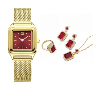 BESSERON Montre carrée dorée tendance pour femme et ensemble collier, bague et boucles d'oreilles, logo personnalisé pour votre marque - Product Image 1