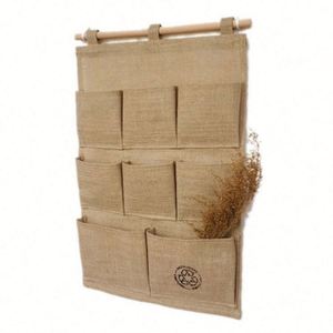 Sac de rangement mural en tissu de jute à suspendre sur la porte, avec 5 poches - Product Image 1