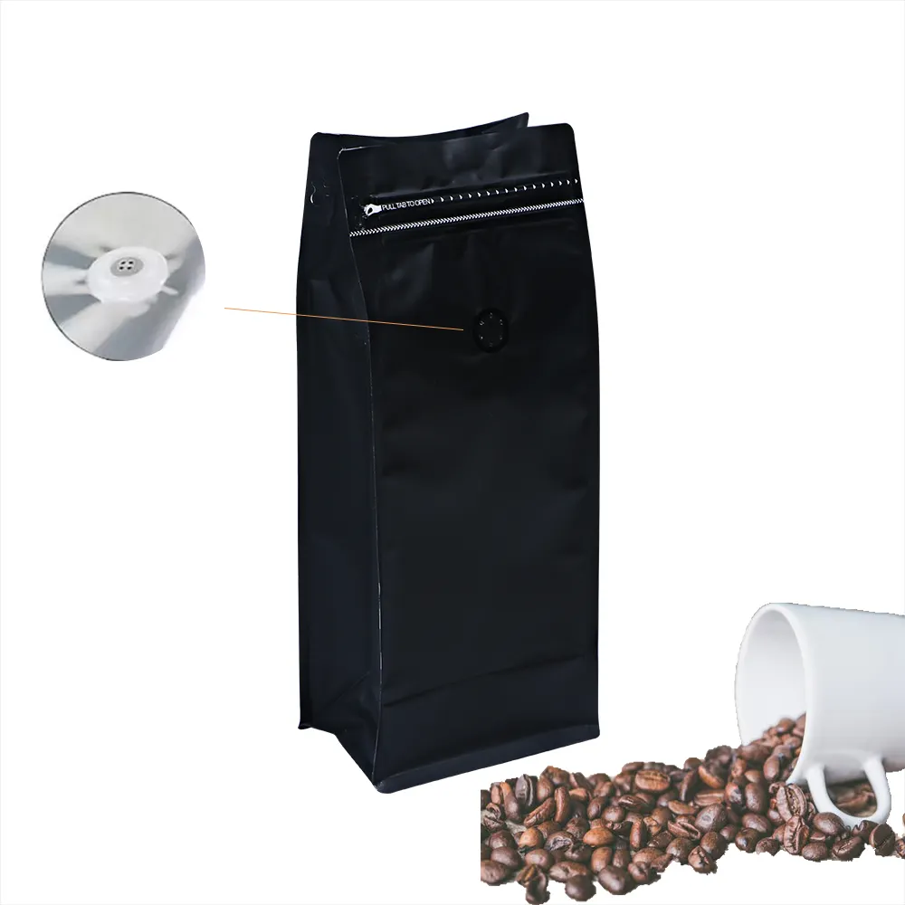 Custom printed black aluminum foil 100g 250g 500g 1kg 12 oz plastic flat bottom coffee bags with valve
