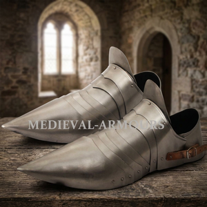 Chaussures d'armure de chevalier médiéval en acier poli argenté, bottes gothiques pour costume, chaussures de reconstitution historique pour hommes adultes - Product Image 3