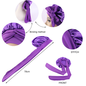Accessoires de Cheveux en Gros Personnalisés Logo Chaud Grand <span class=keywords><strong>Bonnet</strong></span> de Nuit Coiffant en Satin Uni avec Ruban <span class=keywords><strong>Bonnet</strong></span> de Créateur <span class=keywords><strong>pour</strong></span> Femmes - Product Image 3