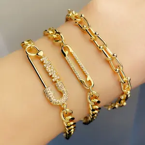 Bracelet à chaîne épaisse avec épingle en diamant, Simple et créatif, trombone d'alphabet en Zircon, Bracelet pour femmes