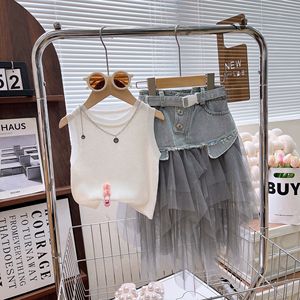 Nouvelle mode Ensemble de vêtements pour filles 2 pièces Top en tricot sans manches uni + <span class=keywords><strong>Jupe</strong></span> en <span class=keywords><strong>jean</strong></span> patchwork en <span class=keywords><strong>tulle</strong></span> Tenues pour filles - Product Image 1
