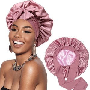 Bonnet de nuit en satin double couche personnalisé avec logo, bonnet de sommeil pour soins capillaires, bonnet en satin pour femme avec nœud - Product Image 1