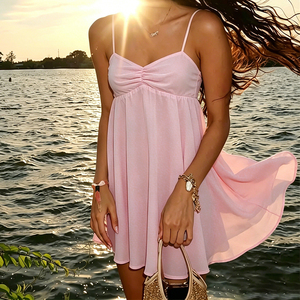 Vestido Mini de Verano Ligero y Sexy con Escote Fruncido de Gasa, Estilo A-Line, Juvenil, Versátil, para el Hogar o Vacaciones - Product Image 5