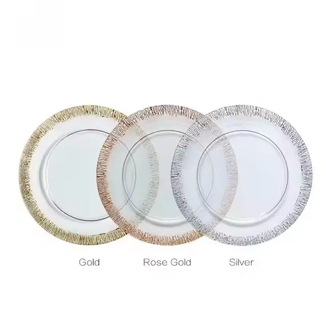 Yunzhifan alto transparente oro plata borde cristal decoración placas boda banquete evento cristal transparente cargador placas