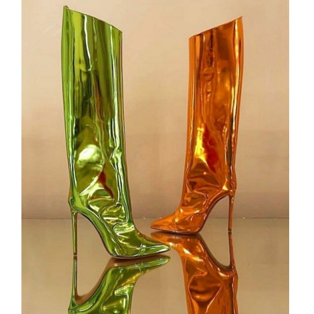 Winter thin heel pointed toe knee metallic boots sexy ladies shoes for women