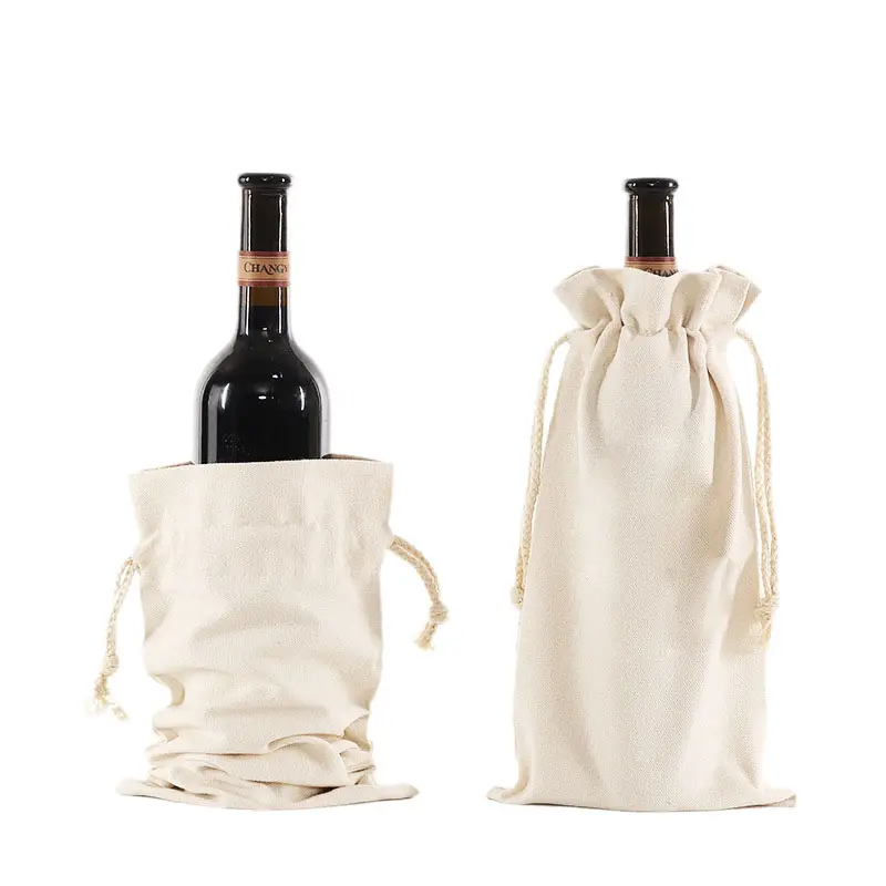 ड्रॉस्ट्रिंग कॉटन वाइन बोतल बैग वैक्स्ड कैनवास पानी की बोतल बैग वाइन बोतलों के लिए सब्लिमेशन ब्लैंक कैनवास बैग