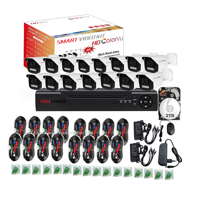 Smart Video Kit Very clear 4K 16 Camara Audio Color 2TB Hard Drive 16CH DVR CCTV Analog Camera System