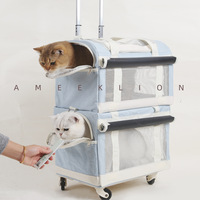 Sac de transport à roulettes pour animaux de compagnie avec poignée télescopique, sac de voyage 2 niveaux pour chat et chien avec rideau et ventilation en maille, portable, bleu