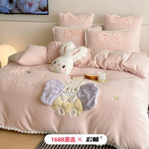 Juego de Ropa de Cama Infantil de Cuatro Piezas de Felpa de Leche, 300g, Bordado de Dibujos Animados, Engrosado, Cálido, Antiestático, Forrado, para Invierno - Product Image 5