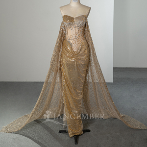 Robes de soirée sirène Sfy289 dorées à épaules dénudées, en mousseline perlée avec appliques plissées, pour femmes - Product Image 5