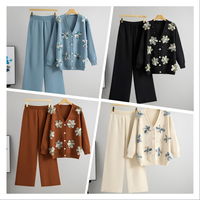 Set Sweater Viscose Bordir Wanita Musim Gugur/Dingin, Cardigan Rajut Detail Kancing V-neck + Celana Kaki Lebar Model Slimming