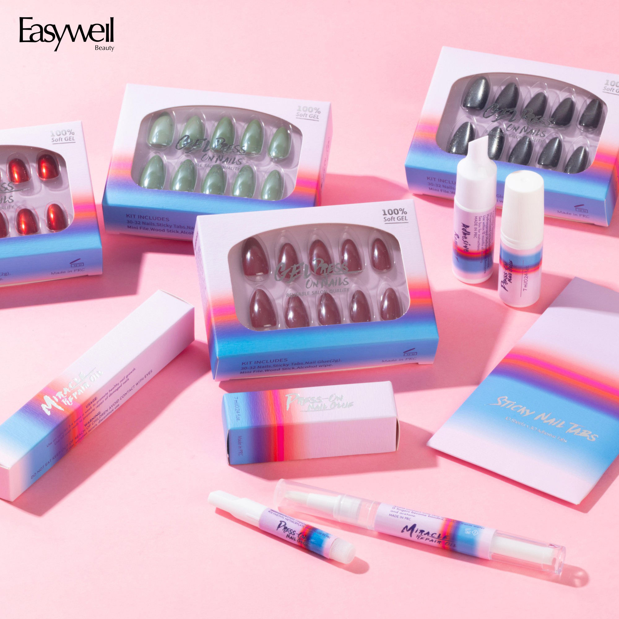 Easywell Wholesale Luxury 30pcs False Nail Art Supplier with Custom Packing High Quality Soft Gel Acrylic Press on Nails