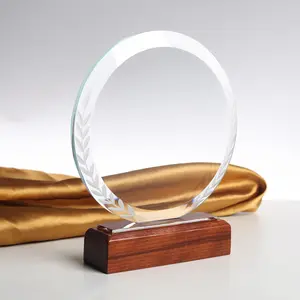 New Design High Quality Custom Laser Engraving Wooden Base Glass Crystal Trophy Award