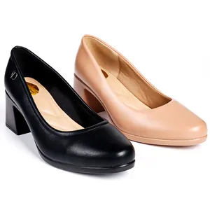 2023 New Style Black Leather Arch Support Comfort Shoes Women Pumps Block Square Heel Hotel Formal Dress Ladies Office Shoes