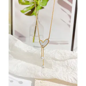 Ins Simple Gold Plating Shell Branco Colar Forma Do Coração No Fade 316l Aço Inoxidável Love Heart Pearl Pendant Necklace