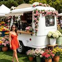 Camions de restauration mobiles proposant des spécialités uniques : fleurs, café et fast-food, entièrement équipés d'une cuisine complète.