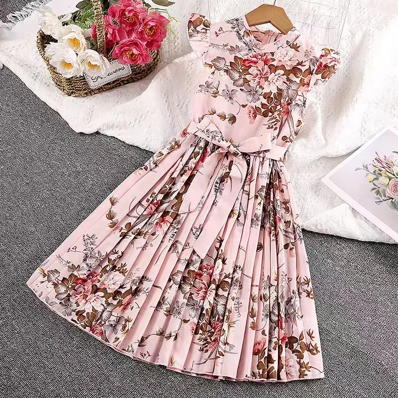 8 10 12 Years Summer Flutter Sleeve Vintage Korean Floral Dress for Teens Girls Clothing Printed Kids Frock Polyester Girl Dress