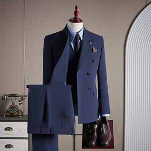 Ensemble de <span class=keywords><strong>costume</strong></span> trois pièces haut de gamme pour <span class=keywords><strong>homme</strong></span>, grande taille, croisé, anti-rétrécissement, col en V, pour mariages et affaires, en tissu peigné à devant plat - Product Image 4