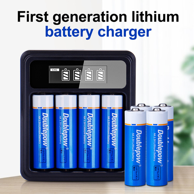 Doublepow First Generation AA AAA 4-Slots LCD 10440 14500 1.5V Li-Ion Battery Charger with USB Type-C ABS