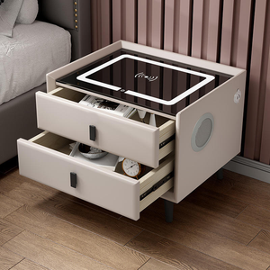 Table de chevet minimaliste en bois avec éclairage LED, charge sans fil, 2 tiroirs, mobilier de chambre moderne pour la maison et l'appartement - Product Image 3