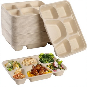 Assiettes jetables rectangulaires en bagasse biodégradable à 6 compartiments, robustes et compatibles <span class=keywords><strong>micro</strong></span>-ondes pour plats à emporter - Product Image 1