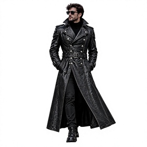 Manteau long en cuir véritable pour homme, col à revers, double boutonnage avec épaulettes, coupe classique - Product Image 1