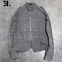 Veste Napoléon en jean vieilli LARSUR, coupe slim, col montant, style motard, avec short en jean, veste hussarde