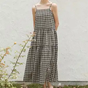 Personalizado verano mujer Casual Spaghetti Slip Maxi vestidos largos impresos patrón de cuadros de las mujeres Halter sin mangas vestido de lino de algodón