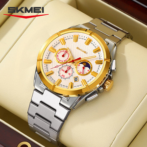 Skmei Men's Quartz Watch Stainless Steel Band Chronograph Calendar Moon Phase Water Resistant 30M Analog Display - Product Image 1