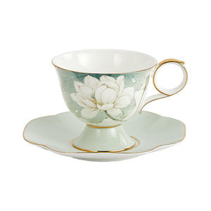 Juego de Tazas y Platos de Cerámica con Diseño Floral de Loto, Color Verde, Personalizable con Logotipo, para Café y Té, Hecho de Porcelana Fina - Product Image 5