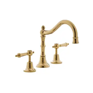 2 Handle Faucet with Bathroom Faucet Watermark Wels Gold Color 3 Hole 8 Inch Metal Modern Contemporary Ceramic Polished 5 Years