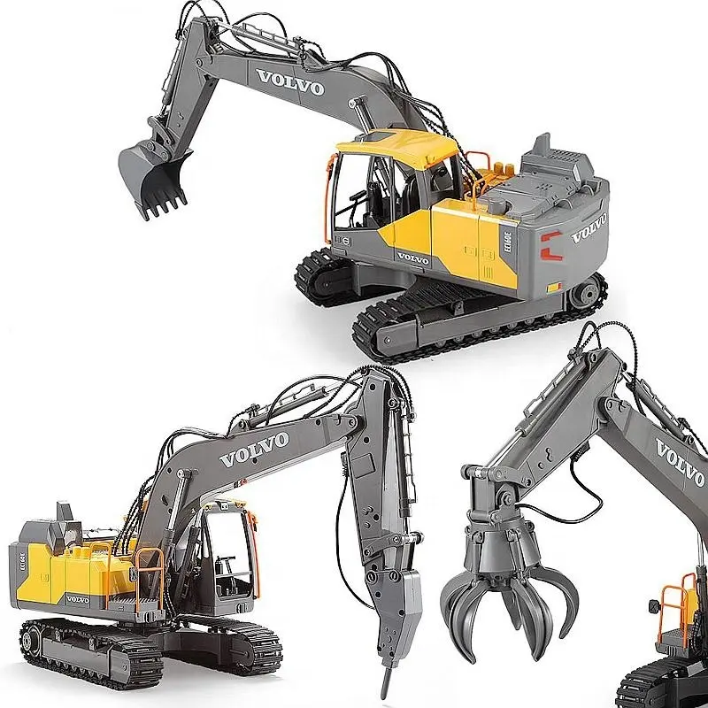 E568-003 1/16 Rc Excavator Berlisensi VOLVO dengan Bor Ambil Mobil Mainan 3 In 1 dengan Lampu & Suara Truk Remote Control