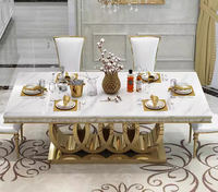 Table à manger moderne de luxe extensible avec miroir, assemblée, 6 places, base en acier inoxydable, plateau en marbre, pour la maison, l'hôtel, le salon