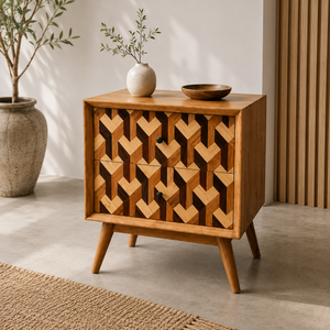 Table de chevet en mosaïque de bois massif à deux tiroirs - Design moderne du milieu du siècle assemblé pour appartement, salon, mobilier de maison - Product Image 3