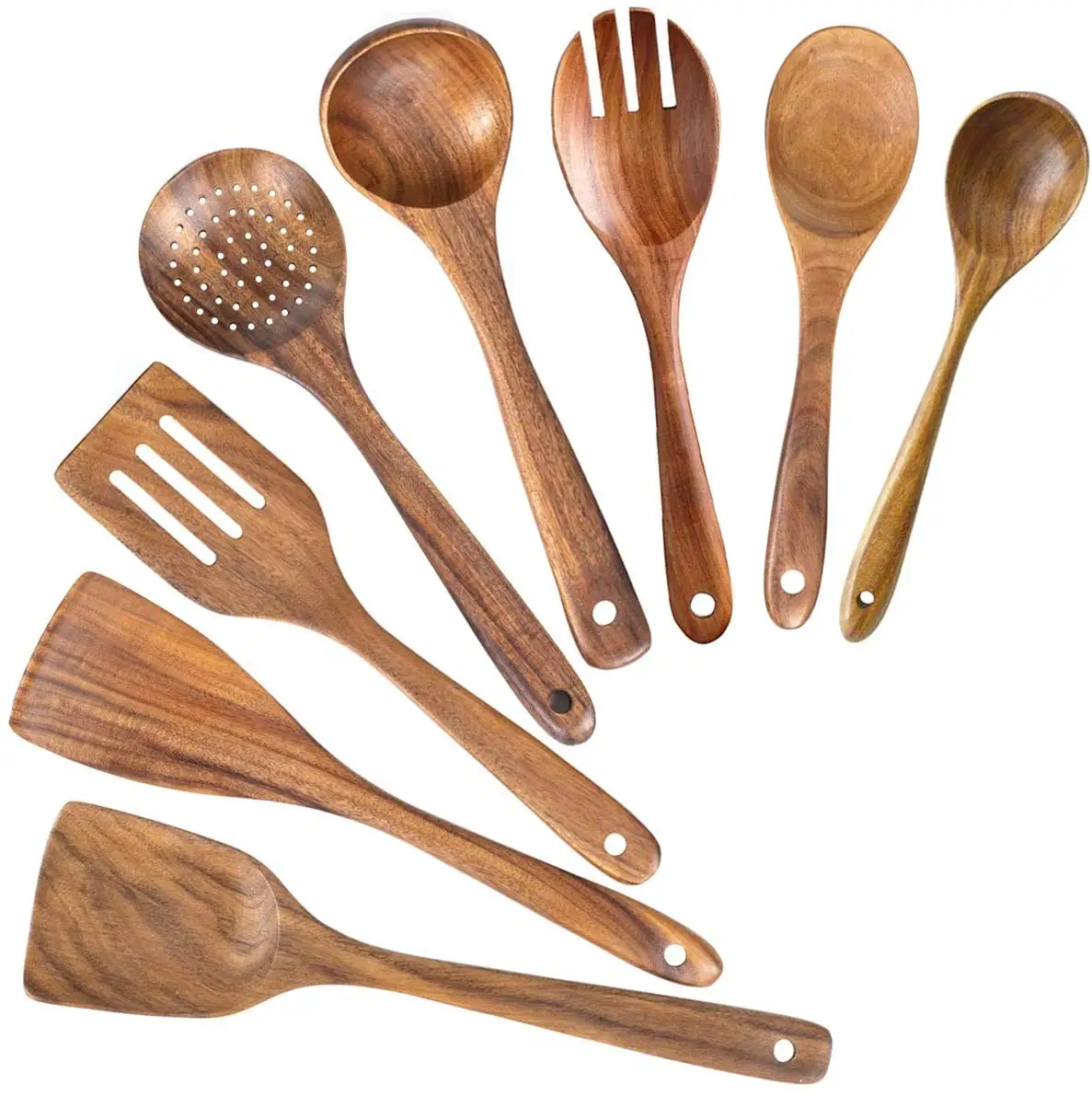 Premium Natural Teak Wood Slotted Spatulas Spoons Set Utensils For Cookware Kitchen Cooking
